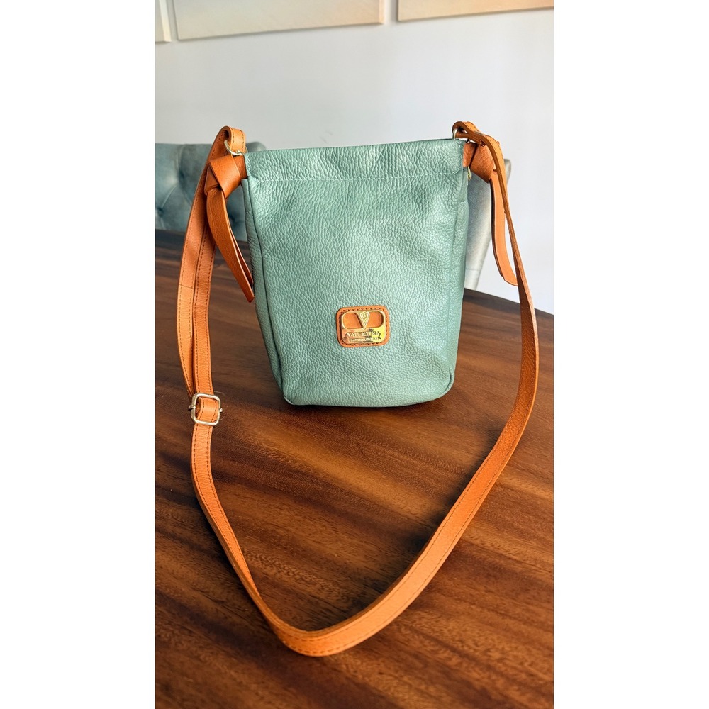 Valentina Italian Sage Green Pebbled Leather Bucket Crossbody Bag Tan Straps